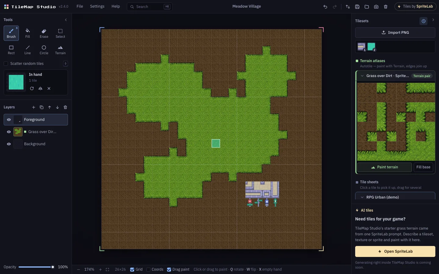 TileMap Studio editor: tools and layers on the left, a pixel art map with autotiled grass in the middle, tilesets on the right
